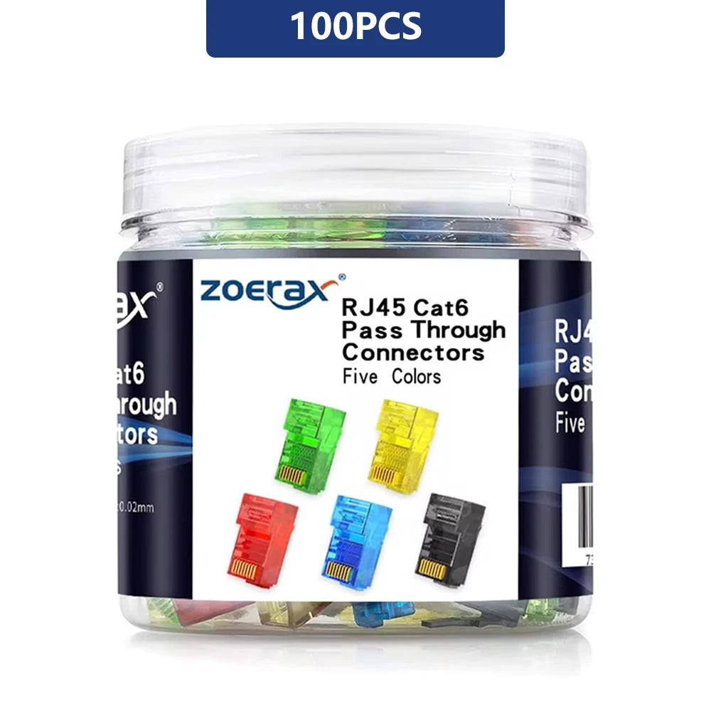 ZoeRax RJ45 Cat6 Pass-Through Connectors — 50/100/200PCS Modular Plugs 1.1mm | Solid & Stranded FTP/STP Cable