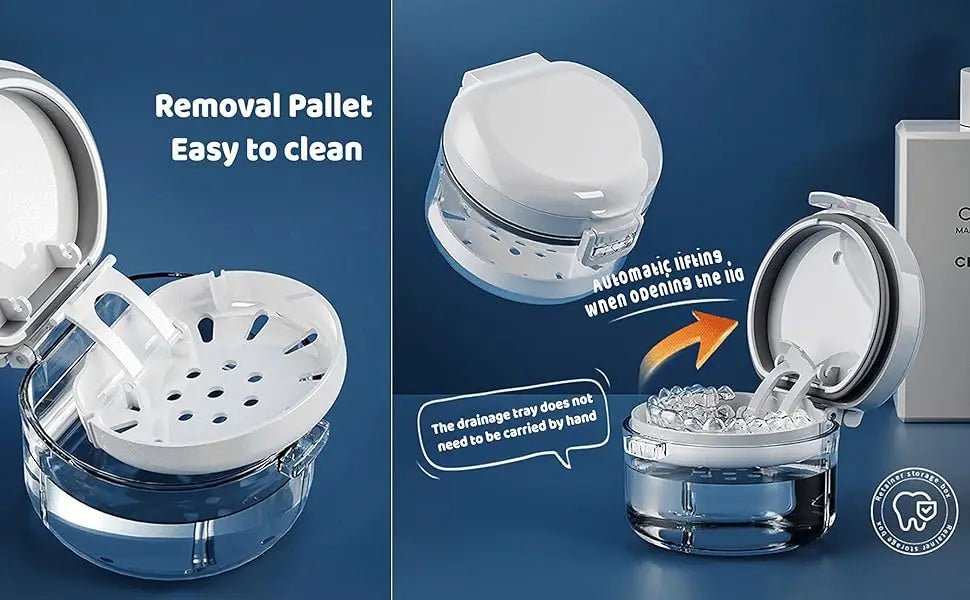 Clear Denture Case – Large Denture Bath Box with Strainer for Storage & Travel, Mouth Guard Cleaning Container
