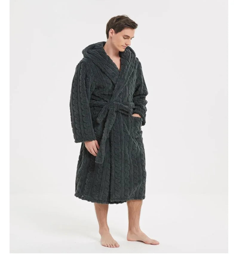 Men’s Fall & Winter Warm Hooded Robe – Thickened Cotton Velvet Jacquard Homewear for Couples