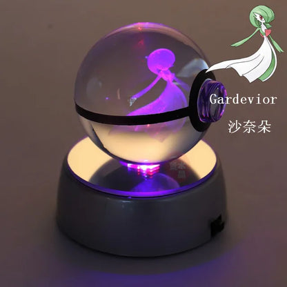 Anime Pokemon 3D Crystal Ball – Snorlax & Charizard Engraved Pokeball Figure with LED Light Base, Kids Gift