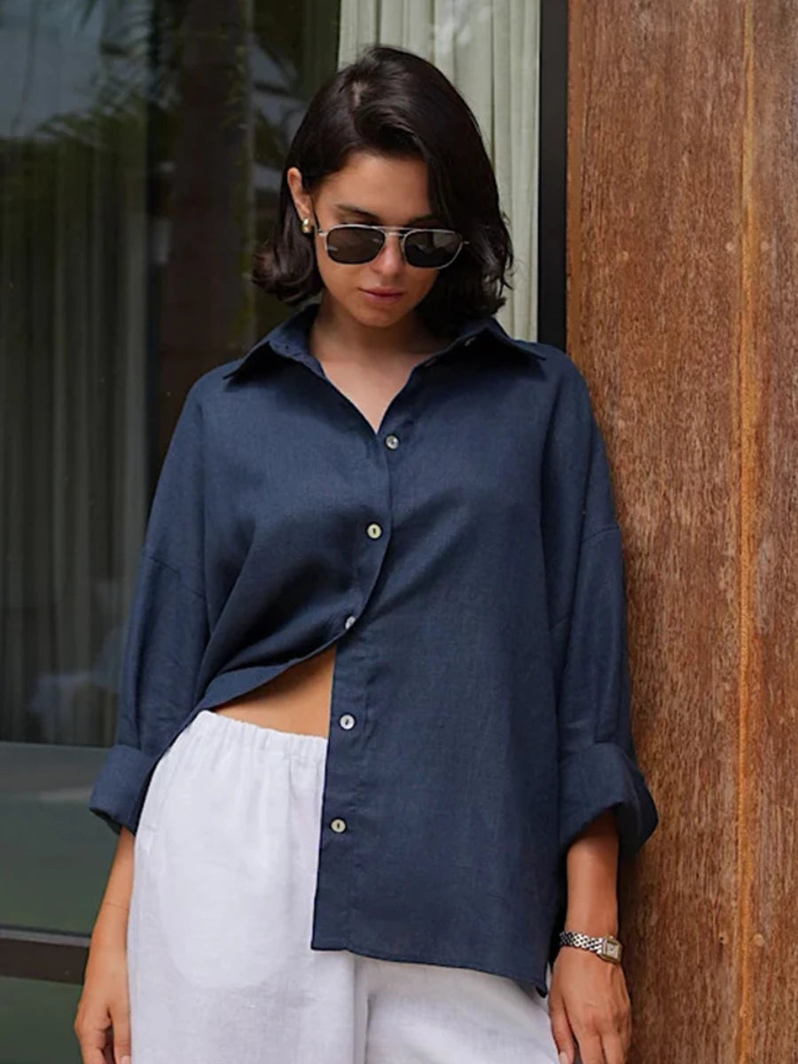Bornladies Women’s 100% Cotton Loose Casual Shirt – Solid Color Versatile Spring Summer Cardigan Style Top