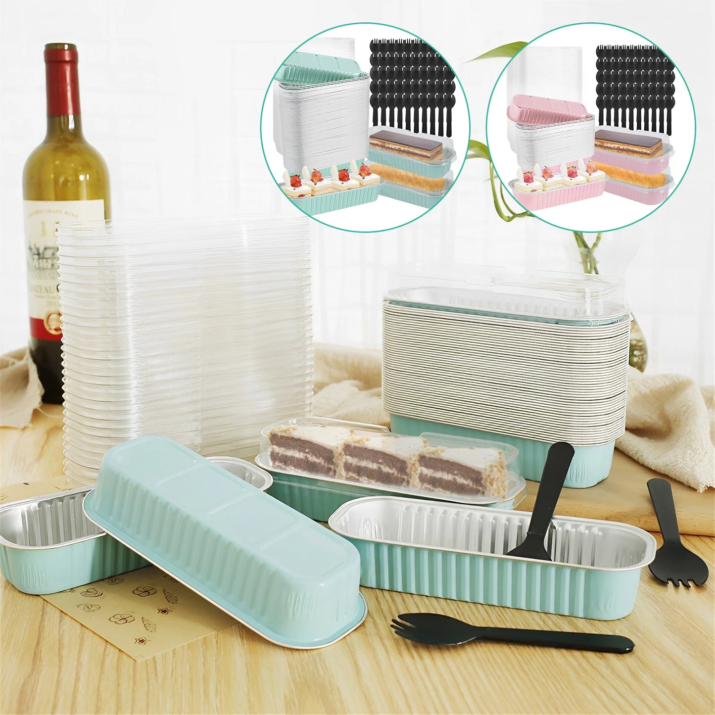 50Pcs Mini Cake Pans Set with Lids and Fork Spoons - 200ml Foil Rectangle Baking Cups, Aluminum Loaf Pans for Portable Bread