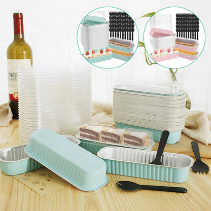 50Pcs Mini Cake Pans Set with Lids and Fork Spoons - 200ml Foil Rectangle Baking Cups, Aluminum Loaf Pans for Portable Bread