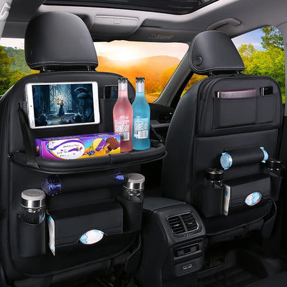 Car Seat Back Organizer with Foldable Table Tray – PU Leather Storage with Pockets, Kick Mats & Interior Accessories