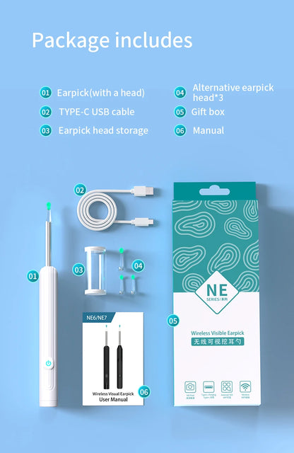 Smart Visual Ear Cleaner 1296P with Camera – USB-C Rechargeable Ear Wax Removal Tool, WiFi, 6 LED Lights