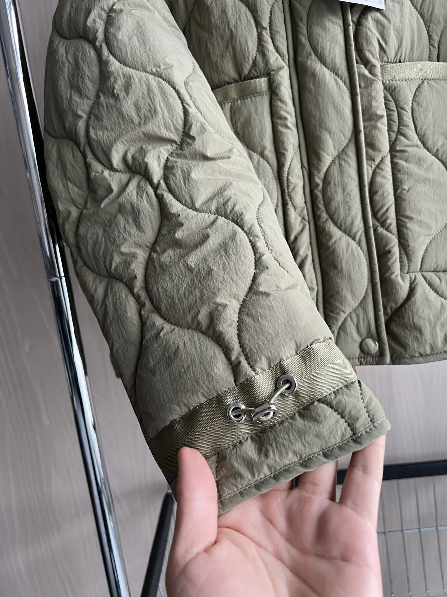 2024 ETJ Quilted Women's Coat – Beige Drawstring High Neck Jacket with Ties & Pockets