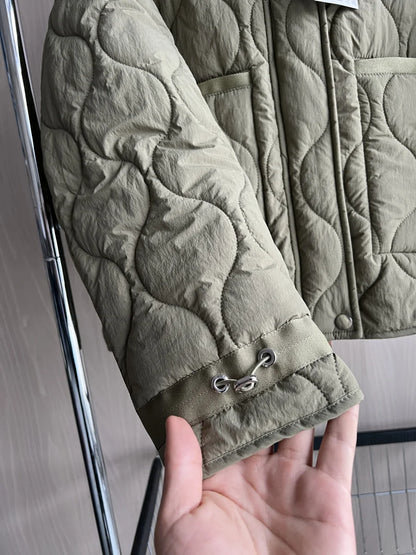 2024 ETJ Quilted Women's Coat – Beige Drawstring High Neck Jacket with Ties & Pockets