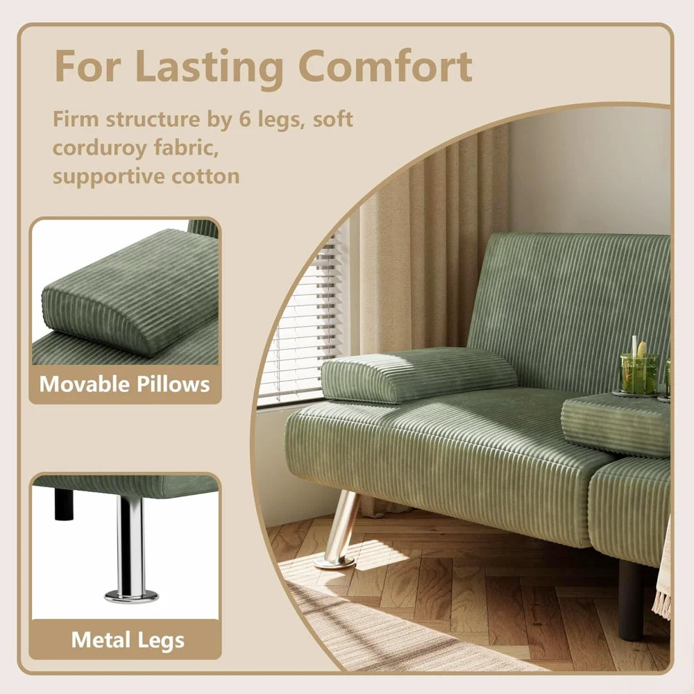 Modern Corduroy Futon Sofa Bed with Cup Holders & Removable Armrests – Folding Recliner Lounge, Green