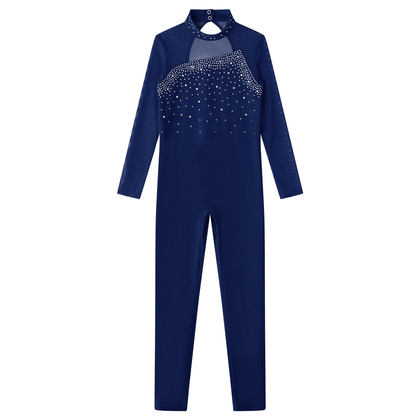 Kids Girls Long Sleeve Rhinestone Bodysuit — Full Body Dancewear Gymnastics Leotard Skating Jumpsuit