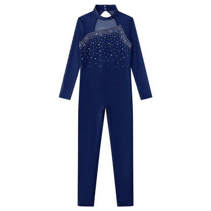 Kids Girls Long Sleeve Rhinestone Bodysuit — Full Body Dancewear Gymnastics Leotard Skating Jumpsuit