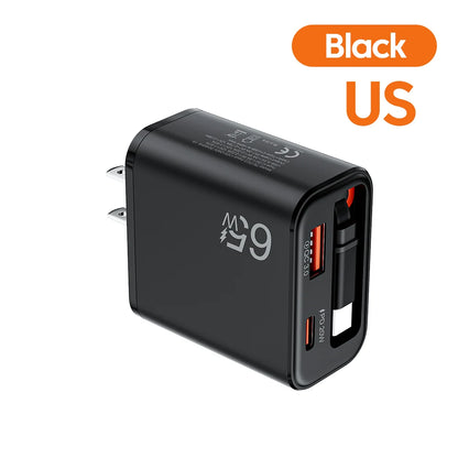 65W USB-C Wall Charger with Retractable Cable – Fast Charging Adapter with USB PD and QC 3.0 for iPhone, POCO, and Xiaomi Devices