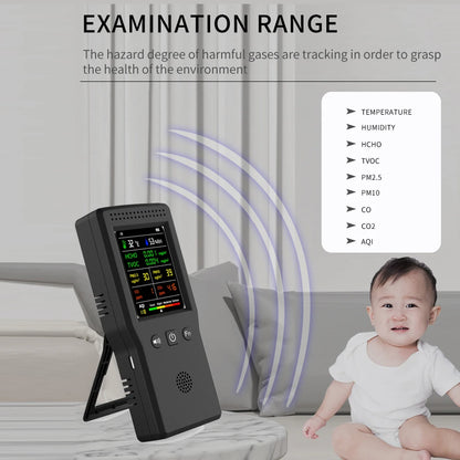 9-in-1 Air Quality Detector – Digital LCD Monitor for PM2.5, PM10, HCHO, TVOC, CO, CO2, AQI, Temperature, and Humidity