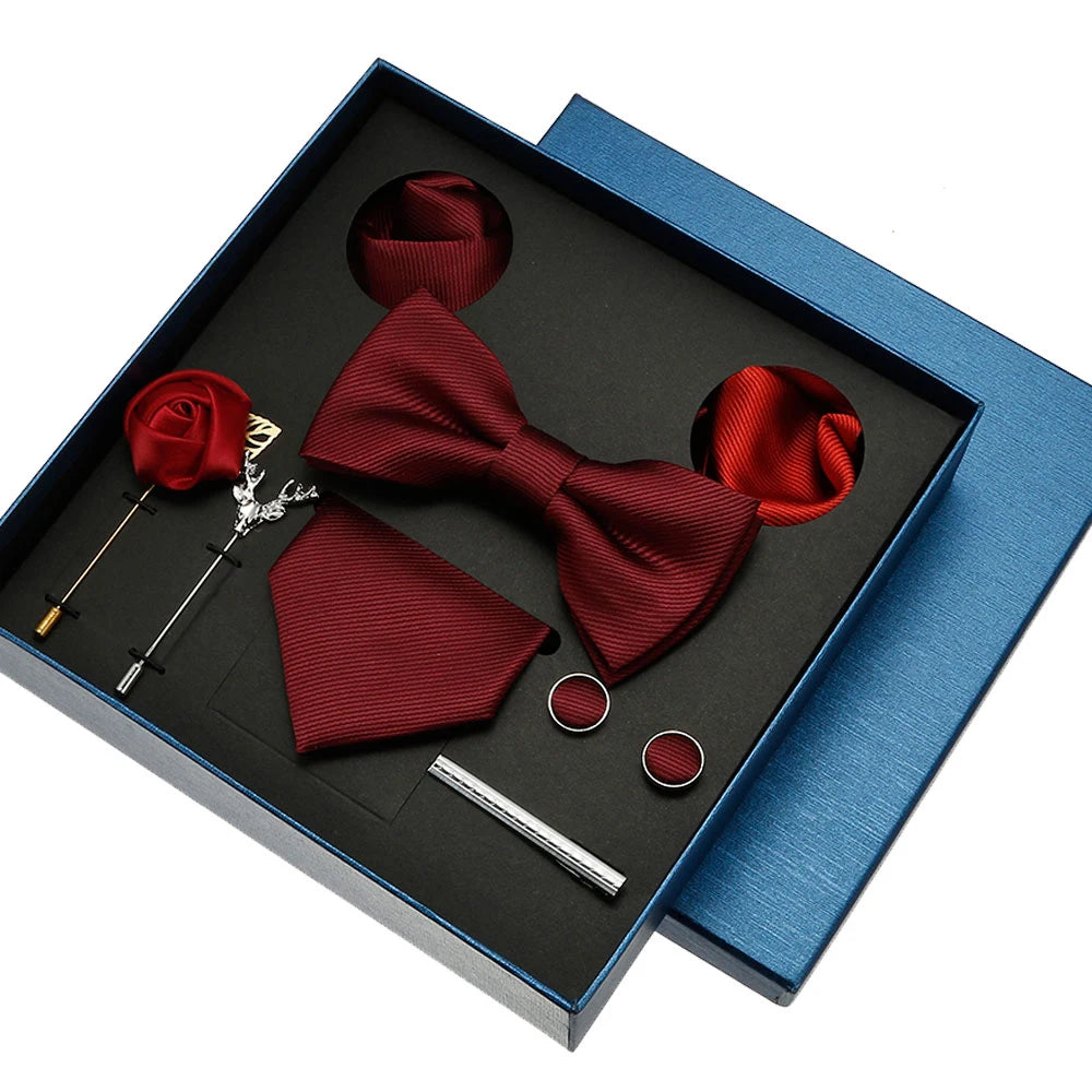 Red & Blue Classic Silk Tie Set for Men - Pocket Square & Cufflinks, Solid Color Necktie for Parties & Weddings