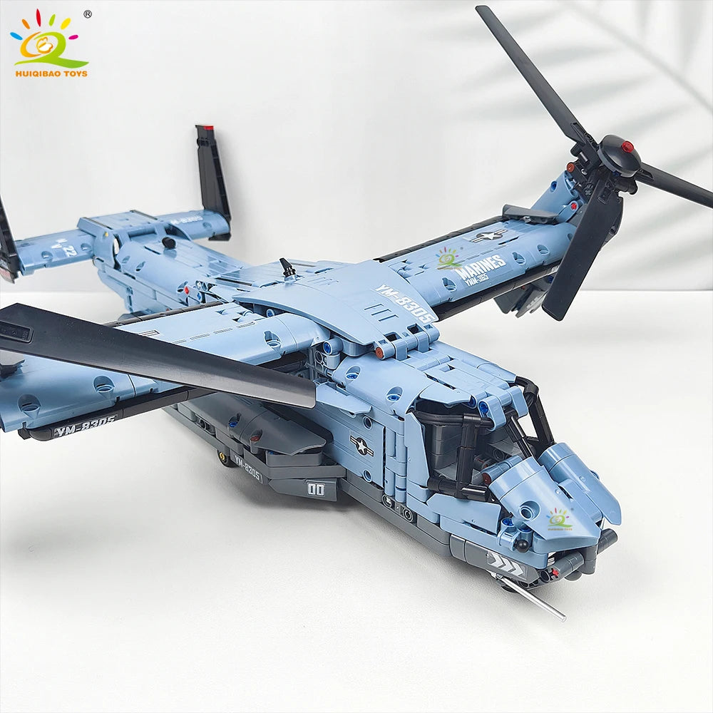 HUIQIBAO MOC 1389PCS V-22 Tiltrotor Aircraft Building Blocks – Military Helicopter Model Toy for Kids & Home Decor