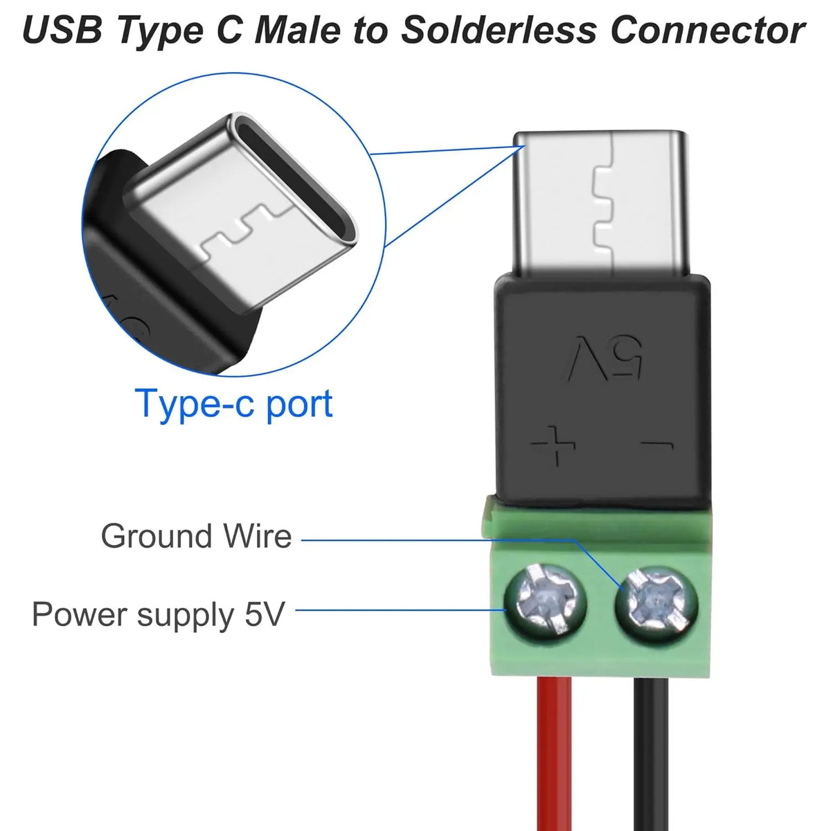 USB-C to 2-Pin Terminal Adapter - Solderless Screw-Type 5V Charging Connector, Green, 1–4 Pack