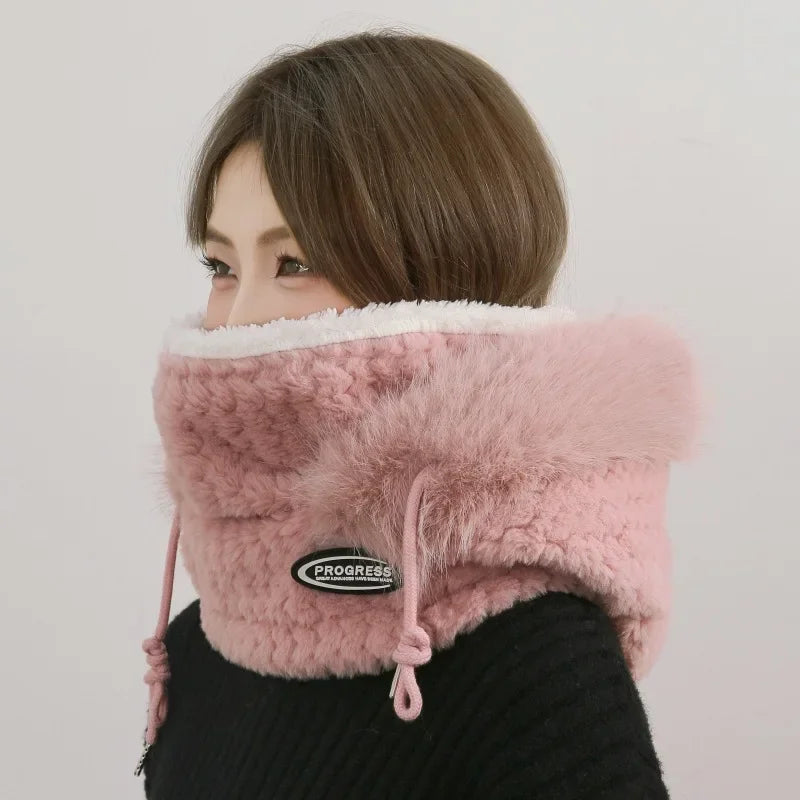 Women’s Winter Plush Hat with Hood & Scarf – Warm Thick Windproof Thermal Cap with Ear Protection for Outdoor Cycling & Riding