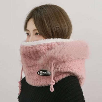 Women’s Winter Plush Hat with Hood & Scarf – Warm Thick Windproof Thermal Cap with Ear Protection for Outdoor Cycling & Riding