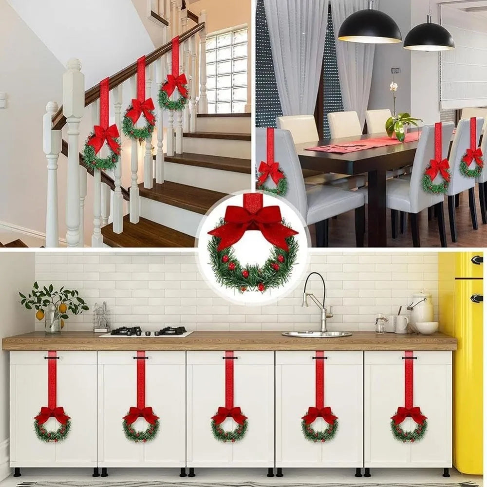 Set of 4 Mini Christmas Wreaths with Ribbon Bows & Red Berry Accents – Festive Window & Home Party Decorations