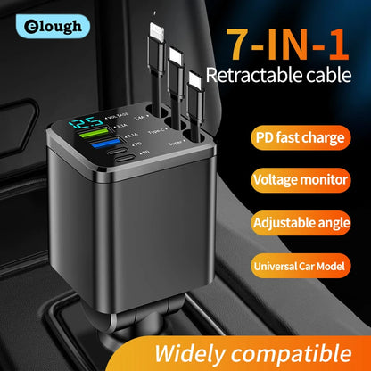 Elough 7-in-1 Retractable Car Charger - Multi-Port USB-C & iOS Charging Adapter with Quick Charge Support for iPhone & Samsung
