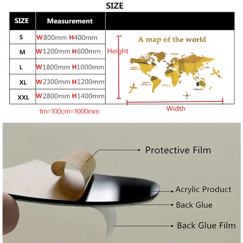 3D Acrylic World Map Wall Stickers – Three-Dimensional Mirror Decals for Bedroom & Office Decoration