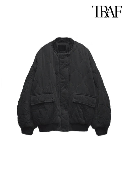 TRAF Women’s Quilted Aviator Jacket – Solid Color Round Collar Long Sleeve Casual Coat