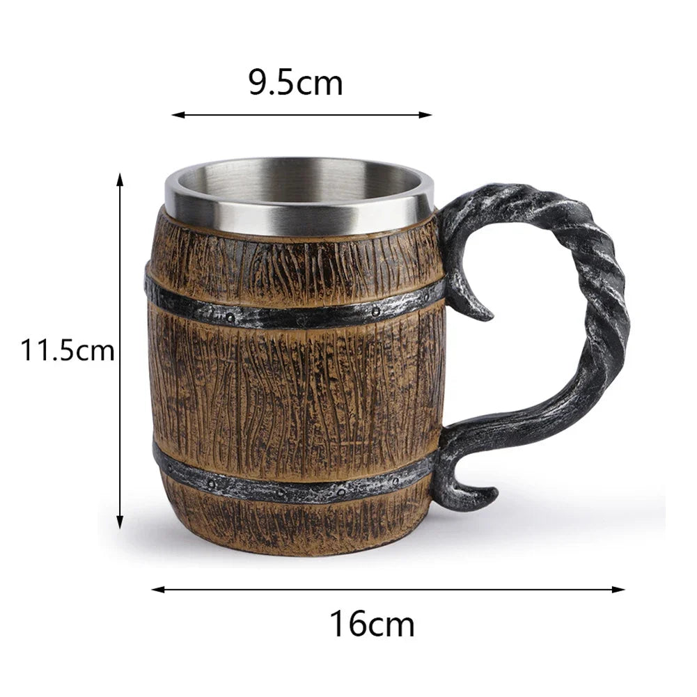 Viking-Style Wooden Beer Mug – Insulated Metal Barrel Cup for Drinks (1PCS)