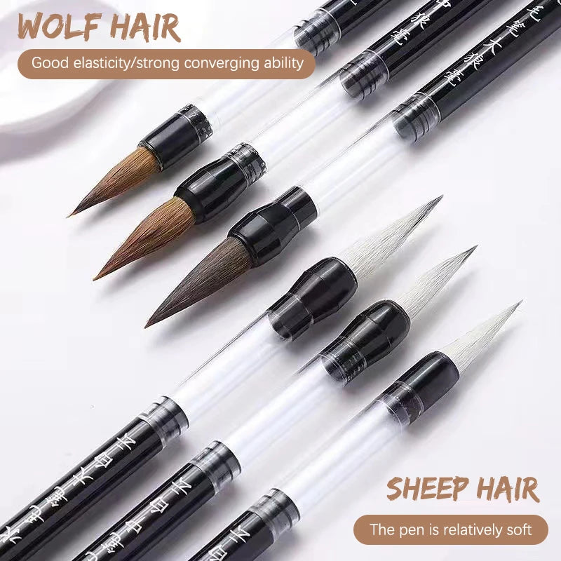 3PCS Calligraphy Brush Set – Water Storage Ink Pens with Automatic Suction, Wolf Hair Soft Round Tip Writing & Painting Brushes
