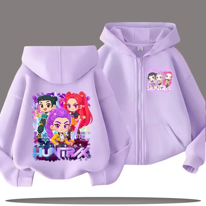 Funny Kpop Demon Hunters Zip-Up Sweatshirt – Kids Hoodie for Girls & Boys, Casual Zipper Hoody Top
