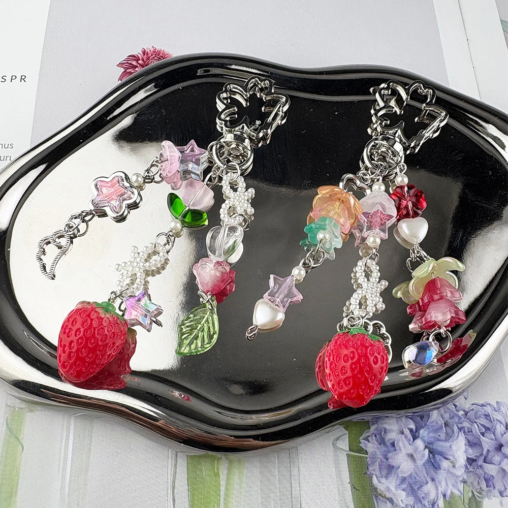 Cute Bear Strawberry Beaded Phone Charm - Y2K Coquette Keychain & Handbag Pendant Accessory Gift