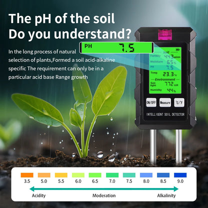 6 in 1 Soil Tester - pH, Temperature, Humidity, Sunlight, Air, Moisture & Nutrient Fertility Meter for Gardening