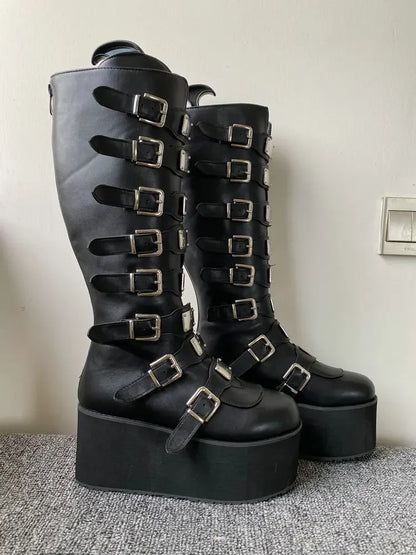 Women’s Gothic Boots – Cosplay High Heel Platform Wedges, Buckle Strap Long Tube Leather Boots, Plus Size Options