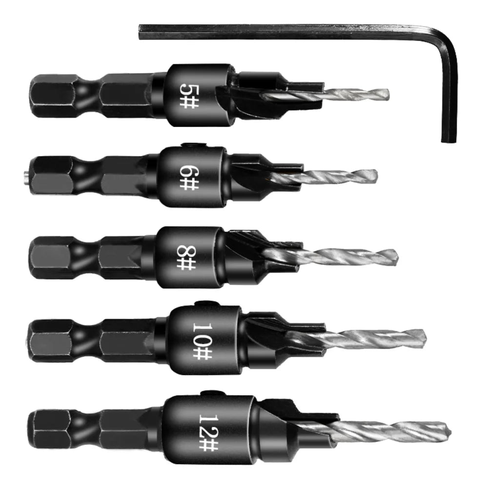 5pcs Countersink Drill Bit Set – Woodworking Pilot Hole Drills for Screw Sizes #5, #6, #8, #10, #12