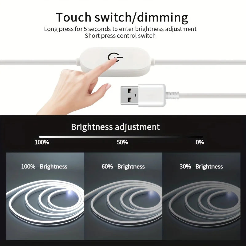 USB DC 5V LED Neon Strip Light – Dimmable Flexible Silicone Waterproof Tape with Touch Sensor for Indoor & Outdoor Room Decor