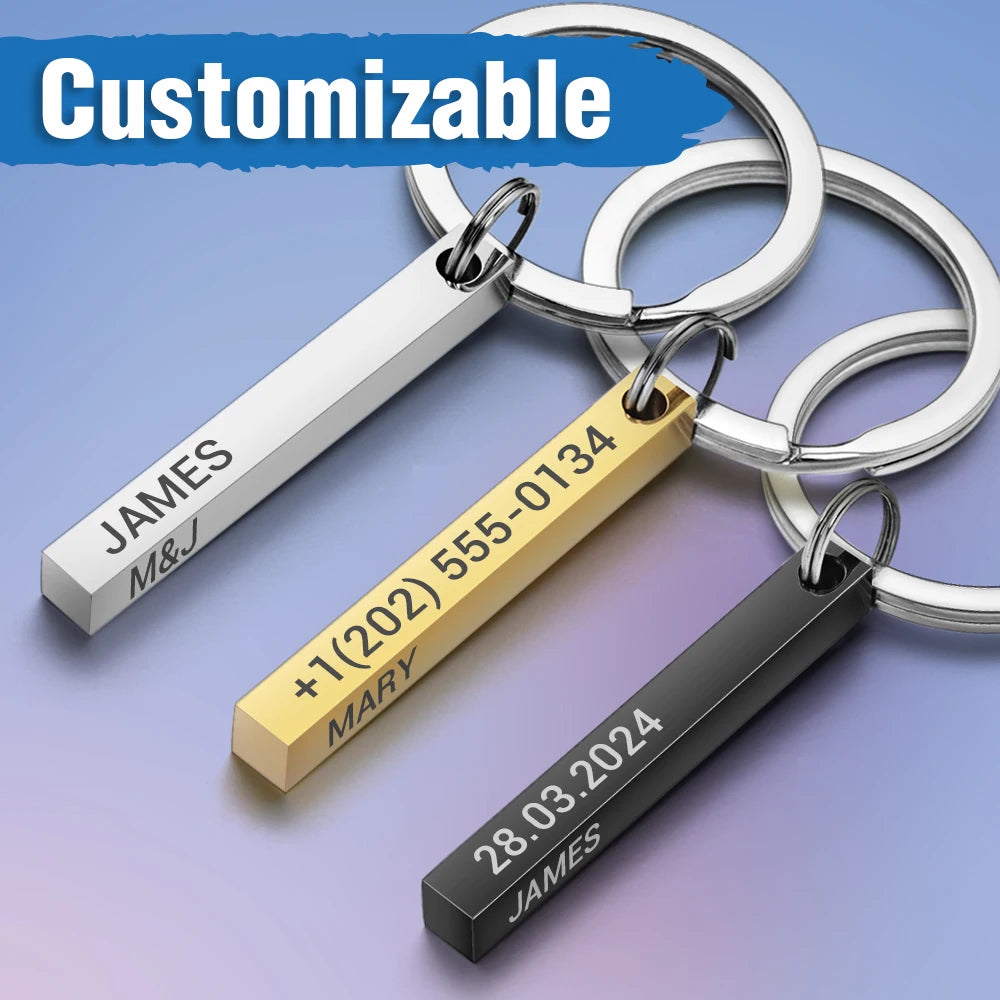 Personalized 3D Bar Keychain - Stainless Steel Engraved Name, Date or Logo Key Ring Gift P039