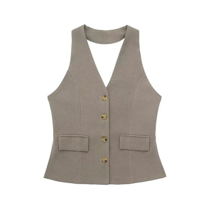 TRAFZA Women’s 2-Piece Set — Sleeveless Halter Vest Top with High-Waist Wide Leg Pants & Zipper Pockets