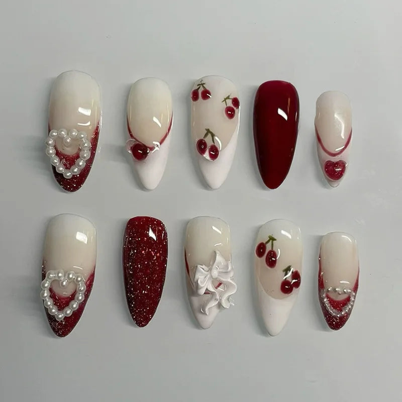 24PCS Strawberry Bow Press On Nails - Red Short Almond Pearl Starlight Floral False Nail Art Tips