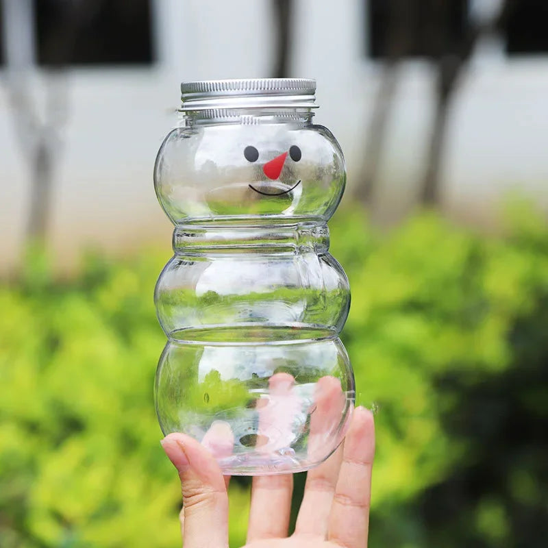 500ml Christmas Candy & Biscuit Bottles – Snowman & Tree Shaped Drink Containers for Juice, Milk Tea, Food Storage & Party Favors