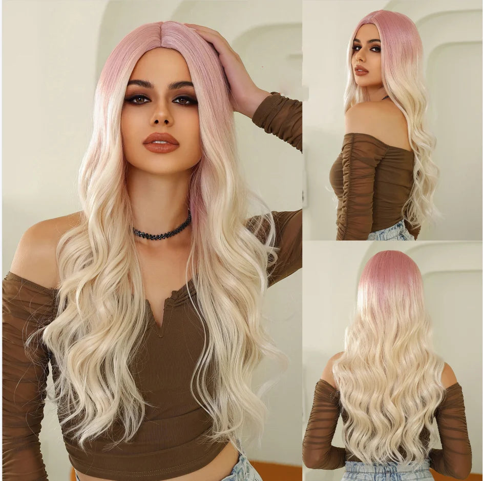 Long Wavy Brown Synthetic Wig for Women – Middle Part, Natural Look, Heat-Resistant Fiber for Daily Wear & Cosplay