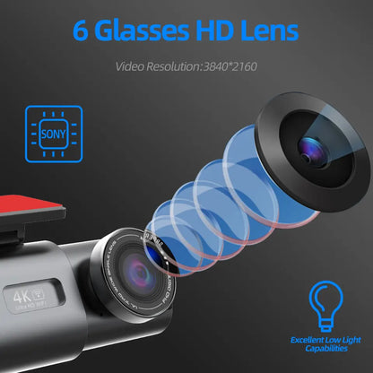 Dual Lens Dash Cam 4K UHD – Car Camera DVR with Night Vision, Wi-Fi, GPS, 24H Parking Monitoring