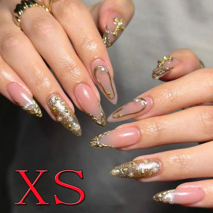 10PCS French Tip Press-On Nails - Short Square Nude Gold Glitter Leopard Nail Set