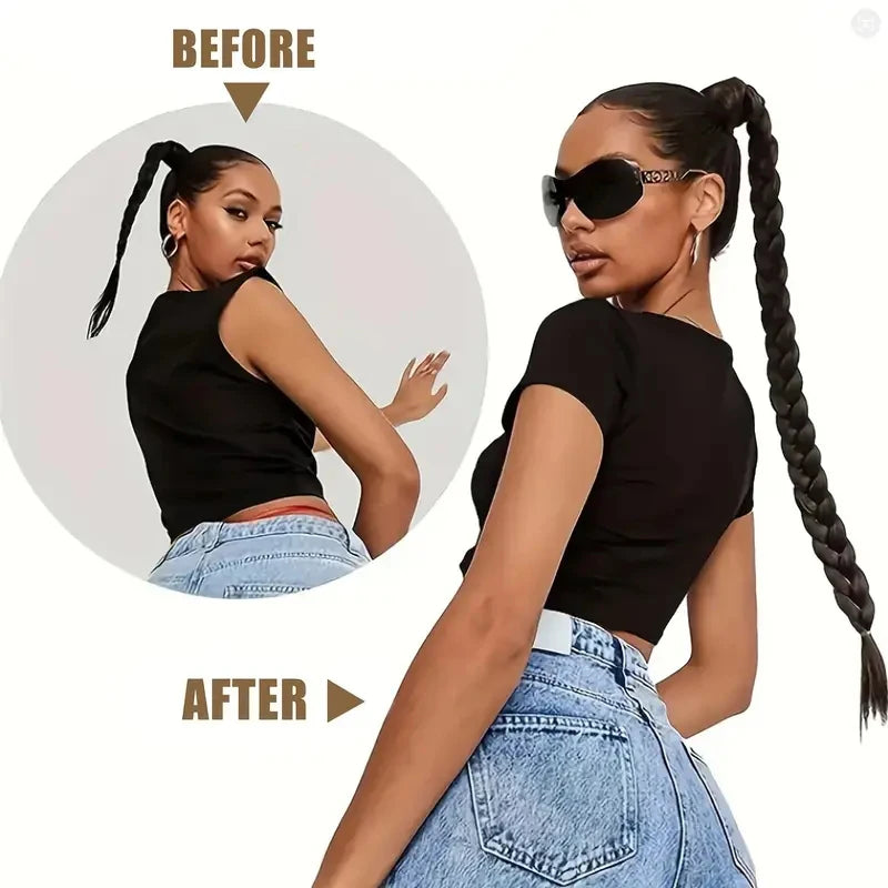 Women’s Long Box Braid Ponytail Extension - Synthetic Straight Braided Hairpiece with Clip-In Elastic Band for Daily Style