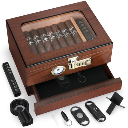 Cedar Wood Cigar Humidor – Glass Top Desktop Cigar Box with Front Hygrometer, Humidifier, Divider, and Accessories Drawer