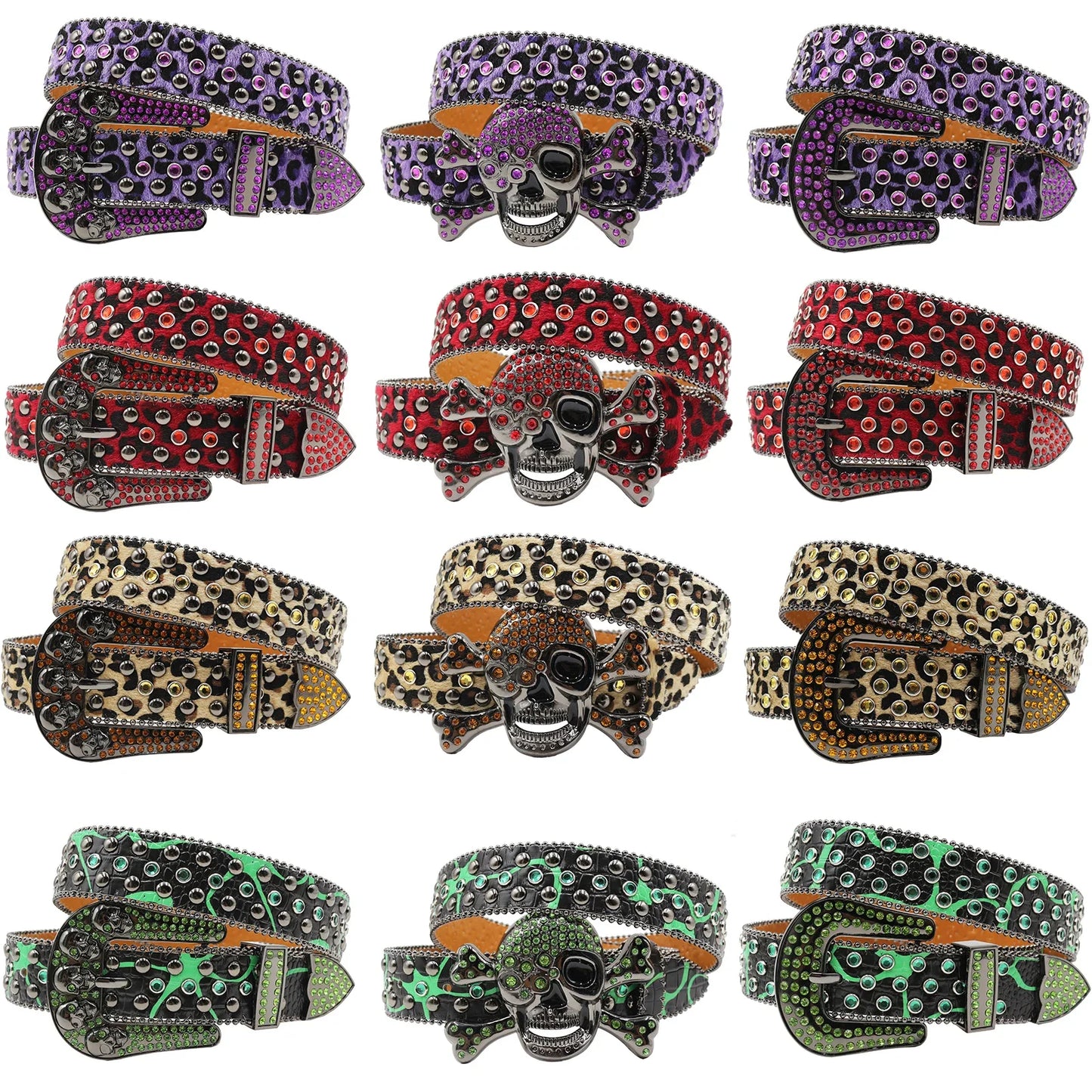 Women’s Rhinestone Skull Leather Belt – Luxury Designer Studded Strap for Jeans, White & Black