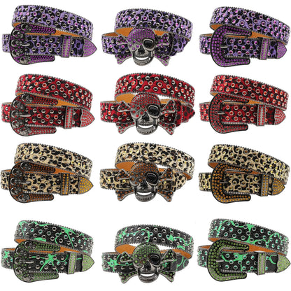 Women’s Rhinestone Skull Leather Belt – Luxury Designer Studded Strap for Jeans, White & Black