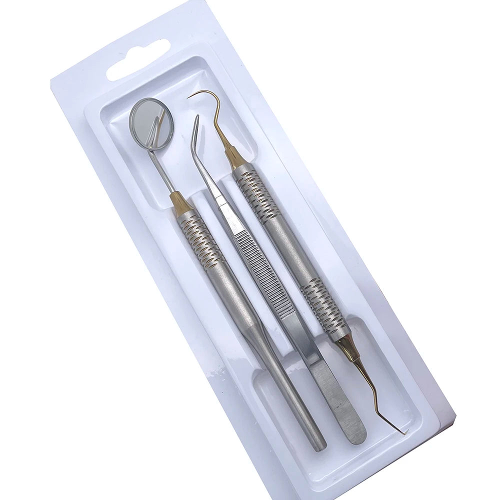 3pcs Dental Mouth Mirror Tweezers & Curved Probe Kit – Stainless Steel Oral Cleaning Instruments