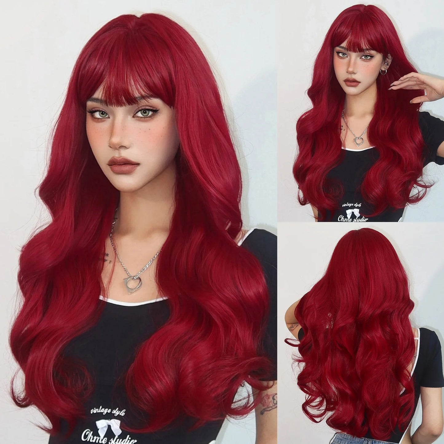Copper Ginger Red Brown Synthetic Wig – Long Fluffy Wavy Wig with Bangs, Heat-Resistant Cosplay & Daily Wear Hair for Women