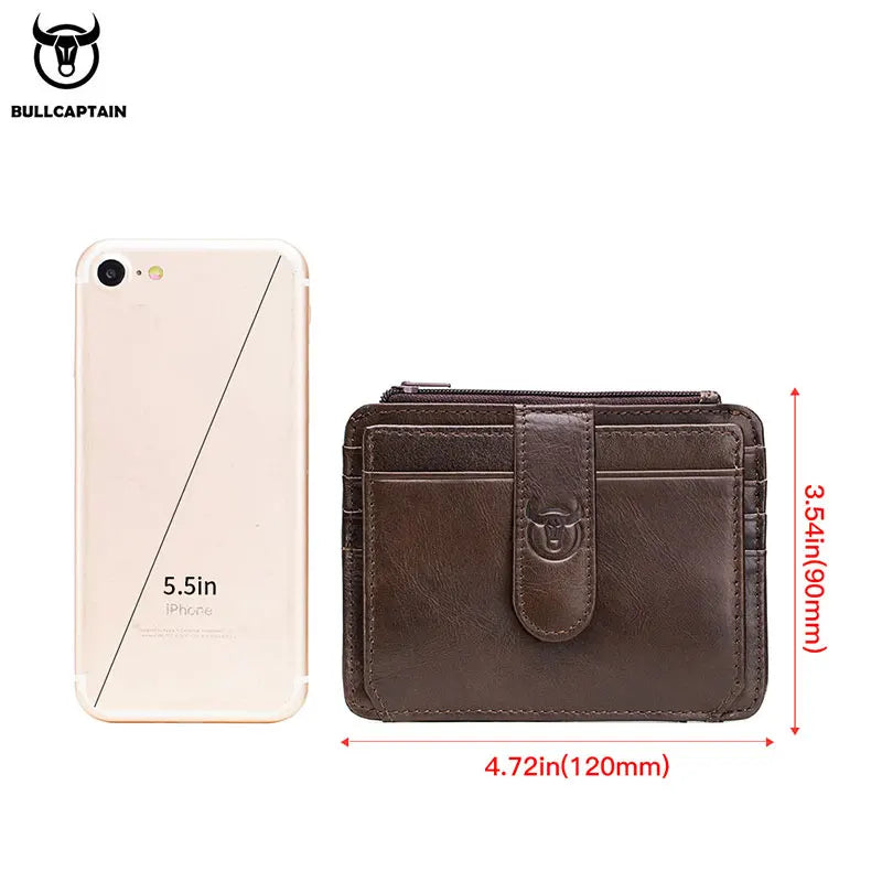 BULLCAPTAIN Genuine Leather RFID Zipper Card Holder – Slim Mini Wallet for Credit Cards & ID, Men’s Business Wallet
