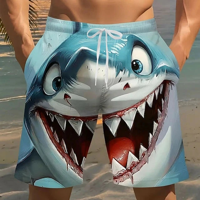 3D Shark Print Swim Shorts - Quick-Dry Drawstring Beach Trunks