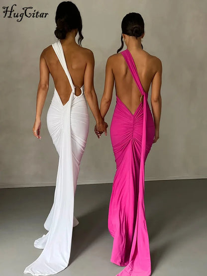 Hugcitar One Shoulder Backless Maxi Dress for Women – Adjustable Scarf Ruched Sexy Elegant Y2K Festival & Streetwear Party Outfit