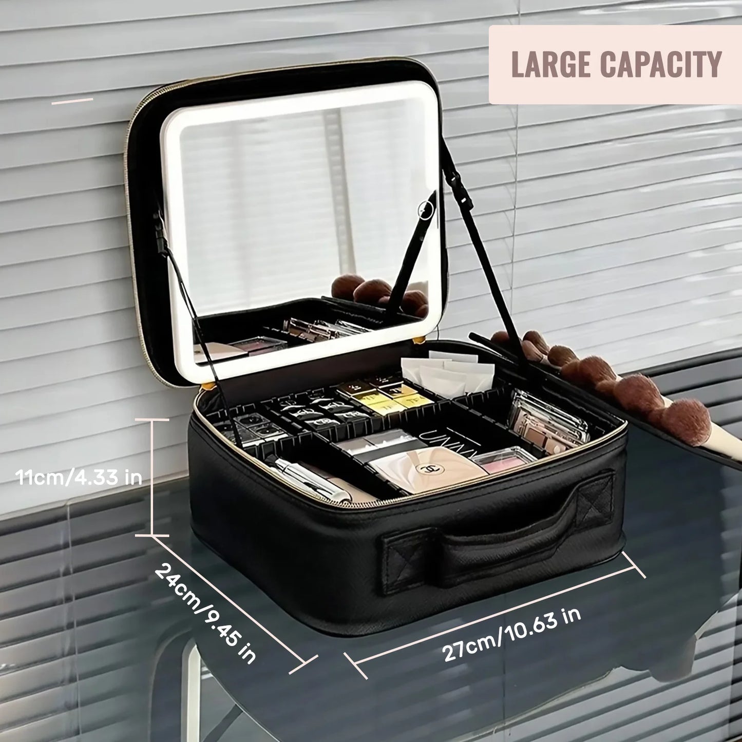 Travel Makeup Bag with LED Mirror — Makeup Train Case with Adjustable Dividers for Home, Gift & Vacation